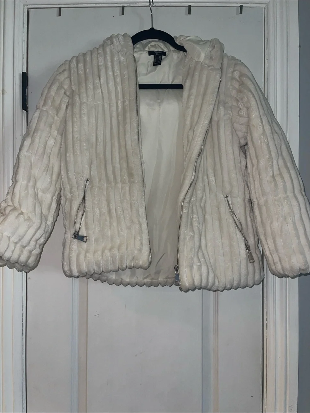 Plush Faux-Fur Cream Zip-Front Jacket
